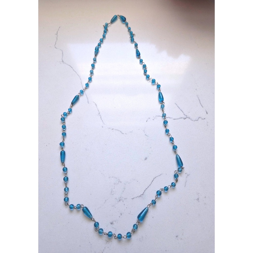VTG Teal Blue Glass Bead Flapper Necklace Long Opera Length Overhead Teardrop